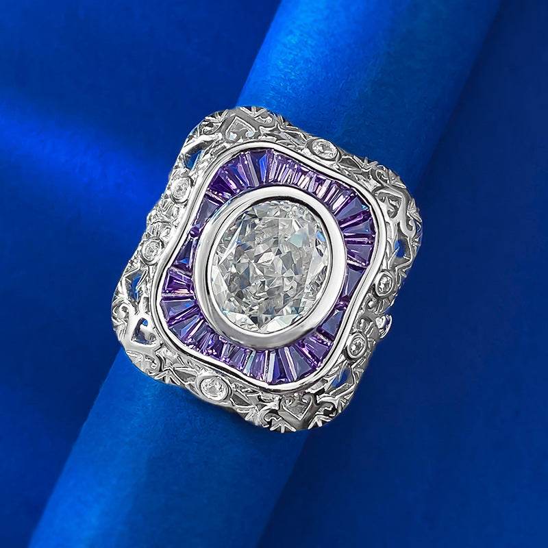 S925 Silver High Carbon Diamond White G Color Ring 9 * 11mm Elliptical Ice Flower Cut - MOWTE