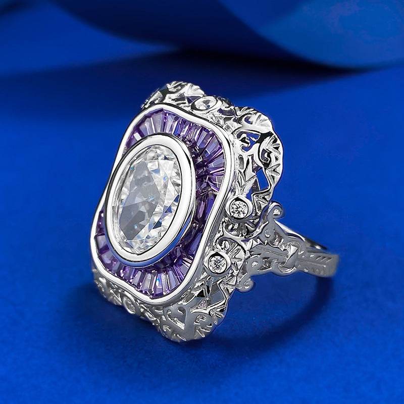 S925 Silver High Carbon Diamond White G Color Ring 9 * 11mm Elliptical Ice Flower Cut - MOWTE