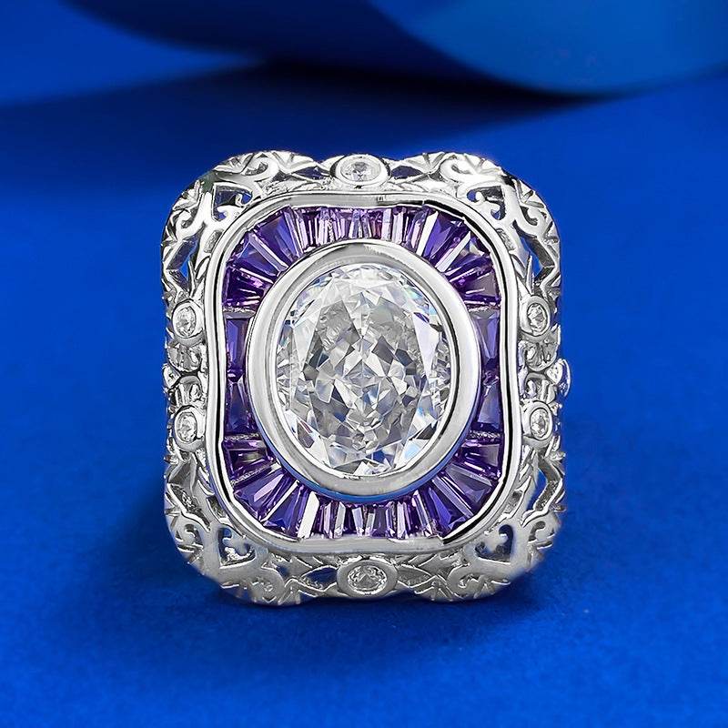 S925 Silver High Carbon Diamond White G Color Ring 9 * 11mm Elliptical Ice Flower Cut - MOWTE