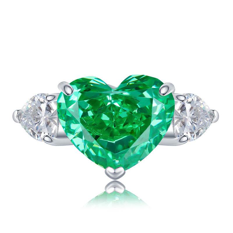 High carbon diamond ring with 925 silver throughout 10 * 12 emerald green ice flower cut heart-shaped women's ring - MOWTE