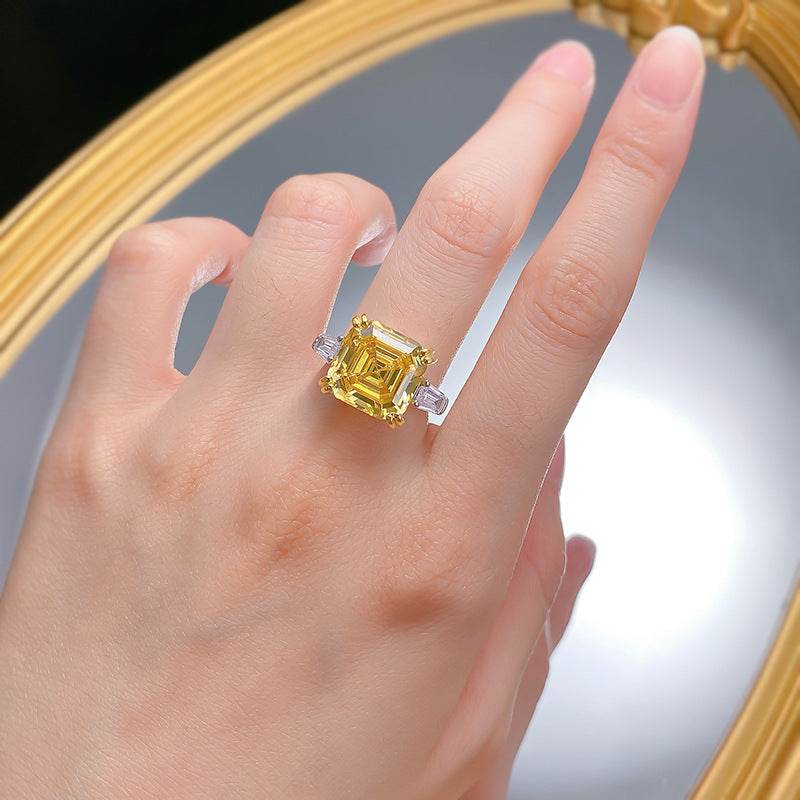925 Silver Pagoda 12 * 12mm Asche High Carbon Diamond Yellow Diamond Ring - MOWTE