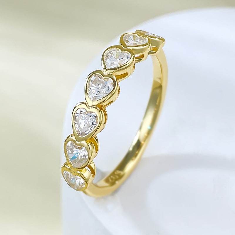New 7pc heart-shaped high carbon diamond S925 silver plated gold ring basic stackable ring - MOWTE