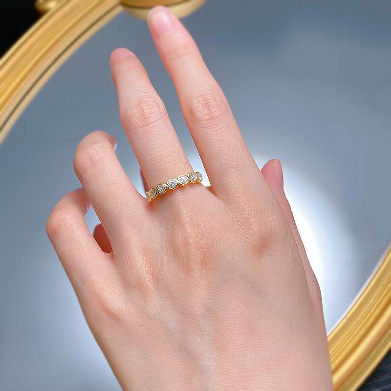 New 7pc heart-shaped high carbon diamond S925 silver plated gold ring basic stackable ring - MOWTE