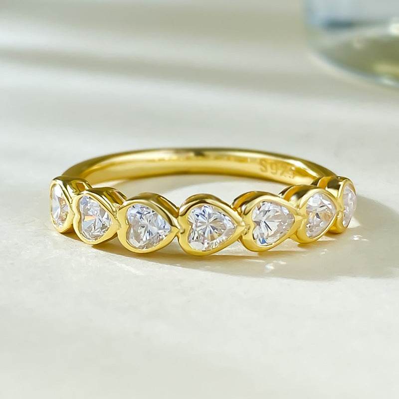 New 7pc heart-shaped high carbon diamond S925 silver plated gold ring basic stackable ring - MOWTE