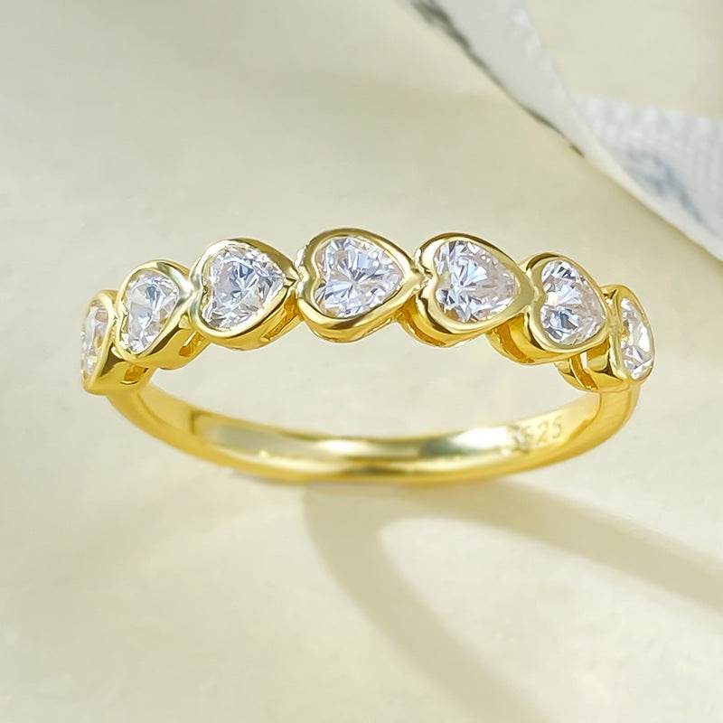 New 7pc heart-shaped high carbon diamond S925 silver plated gold ring basic stackable ring - MOWTE