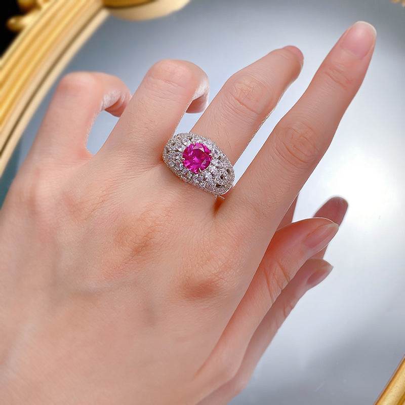 S925 Silver Fashion Commuter 8.0mm Pink Round Diamond Ring - MOWTE