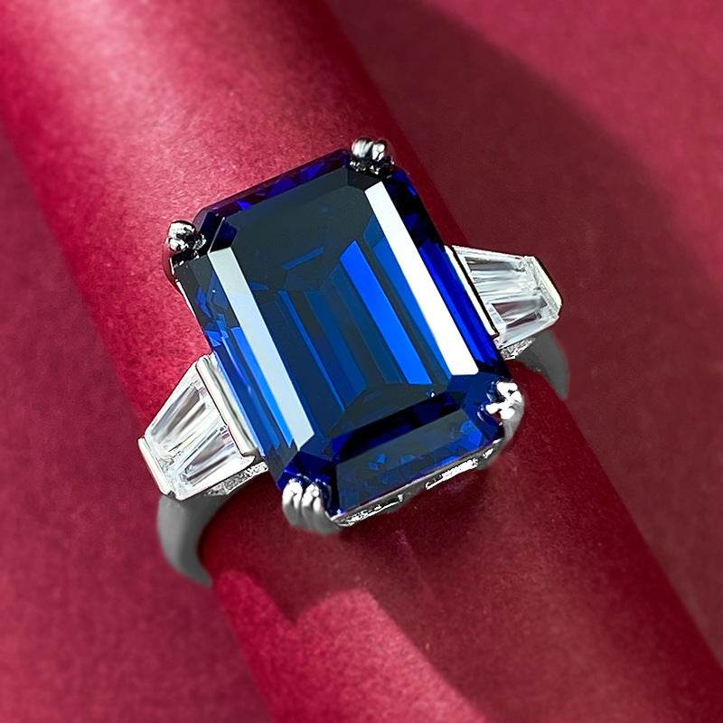 New S925 Silver Emerald Cut 10 * 14 Royal Blue Ring for Women - MOWTE