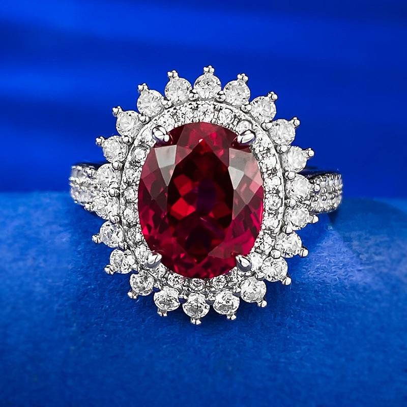 S925 Silver Dove Blood Red Simulated Diamond 8 * 10 Elliptical Ring Ring Group Inlaid Flower Cluster Wedding Ring - MOWTE