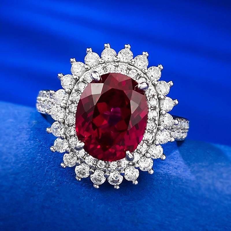 S925 Silver Dove Blood Red Simulated Diamond 8 * 10 Elliptical Ring Ring Group Inlaid Flower Cluster Wedding Ring - MOWTE