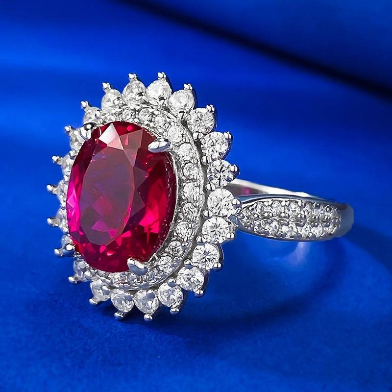 S925 Silver Dove Blood Red Simulated Diamond 8 * 10 Elliptical Ring Ring Group Inlaid Flower Cluster Wedding Ring - MOWTE
