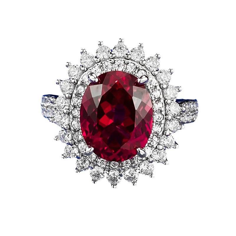 S925 Silver Dove Blood Red Simulated Diamond 8 * 10 Elliptical Ring Ring Group Inlaid Flower Cluster Wedding Ring - MOWTE
