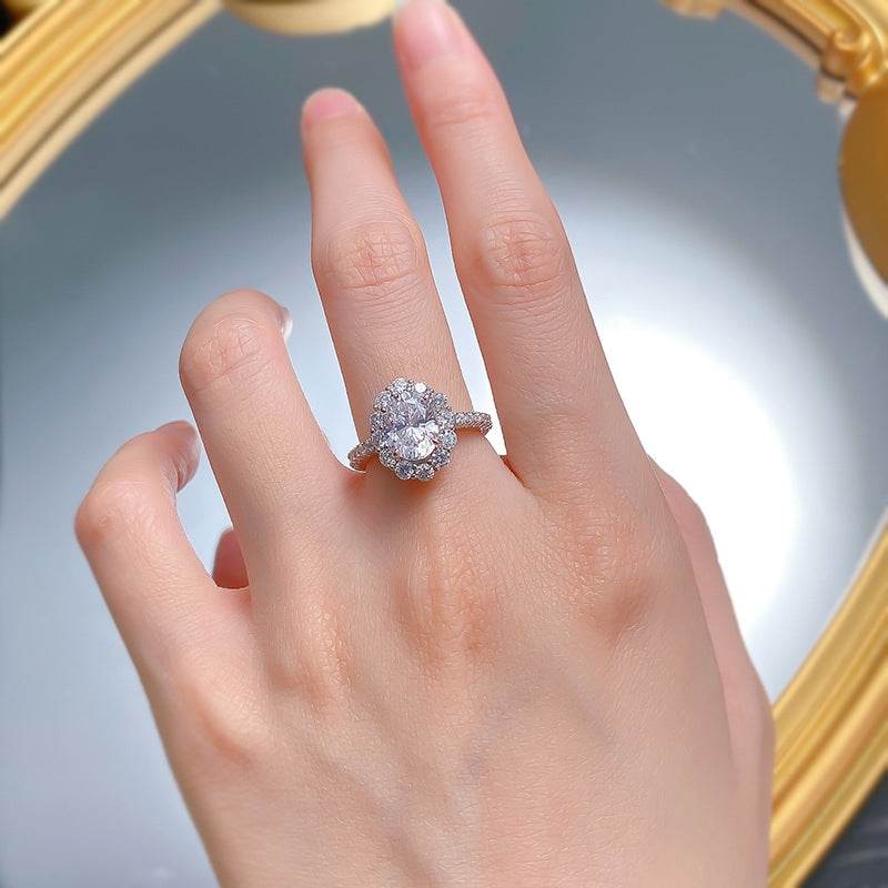 New high carbon diamond ring 7 * 9 oval white diamond ice flower cut wedding ring for women - MOWTE