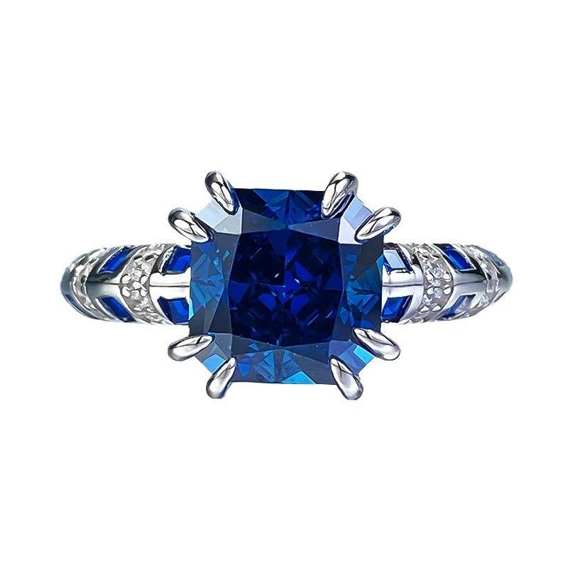 S925 Silver 8 * 8m Royal Blue Square High Carbon Diamond Ring High end Simulated Diamond Ring - MOWTE