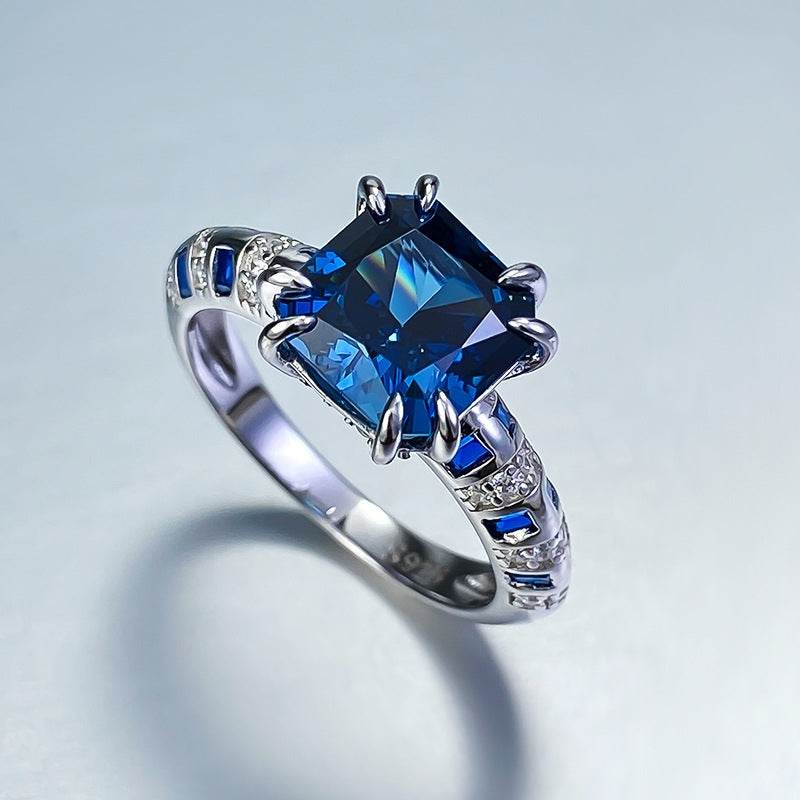 S925 Silver 8 * 8m Royal Blue Square High Carbon Diamond Ring High end Simulated Diamond Ring - MOWTE