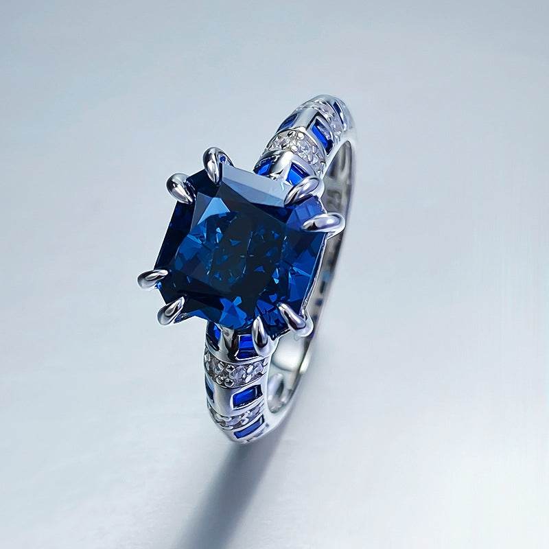 S925 Silver 8 * 8m Royal Blue Square High Carbon Diamond Ring High end Simulated Diamond Ring - MOWTE