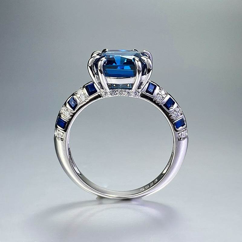 S925 Silver 8 * 8m Royal Blue Square High Carbon Diamond Ring High end Simulated Diamond Ring - MOWTE