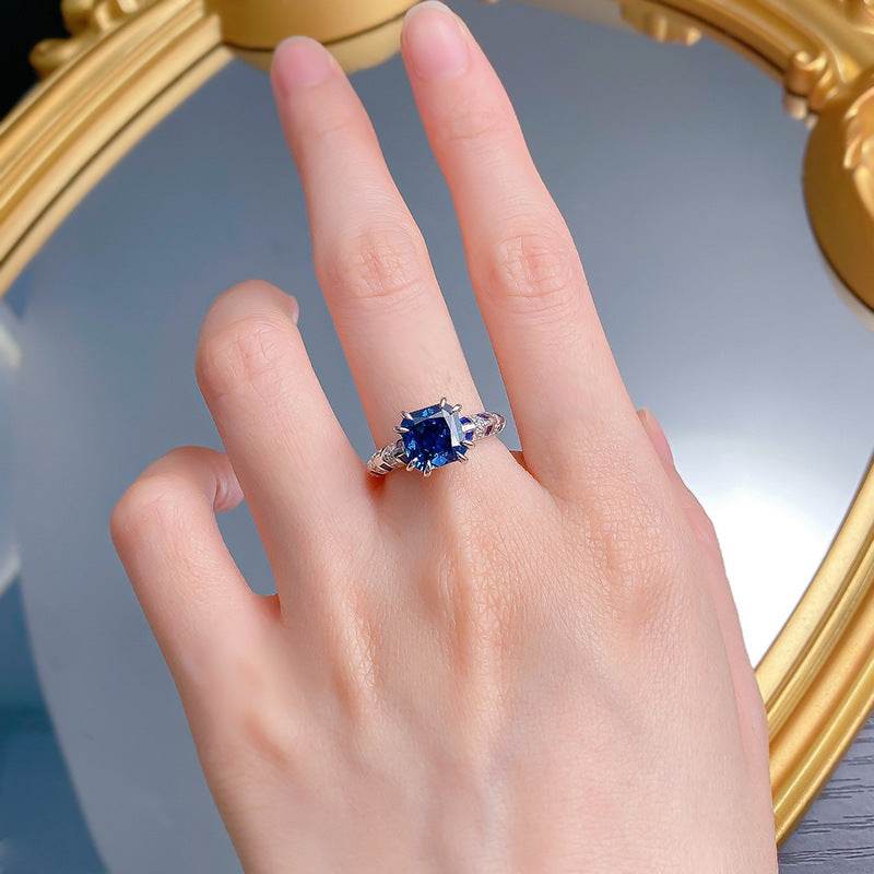 S925 Silver 8 * 8m Royal Blue Square High Carbon Diamond Ring High end Simulated Diamond Ring - MOWTE