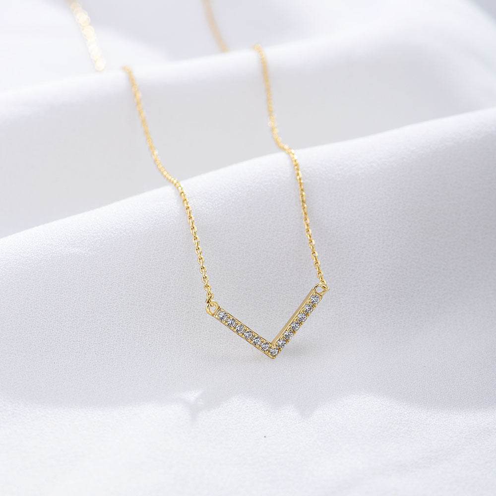 925 sterling silver V-shaped necklace for female niche design simple and versatile three-dimensional full diamond pendant collarbone chain - MOWTE