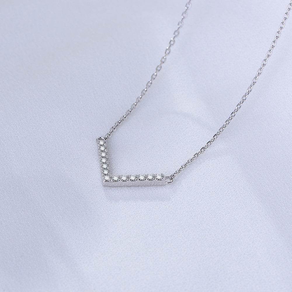 925 sterling silver V-shaped necklace for female niche design simple and versatile three-dimensional full diamond pendant collarbone chain - MOWTE