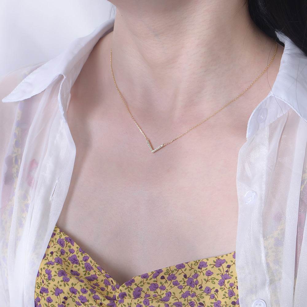 925 sterling silver V-shaped necklace for female niche design simple and versatile three-dimensional full diamond pendant collarbone chain - MOWTE