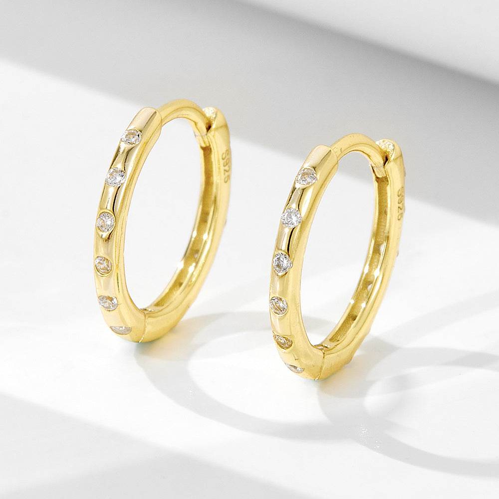 S925 pure silver diamond studded earrings with ear loops niche design fashionable simple personalized geometric circle earrings - MOWTE