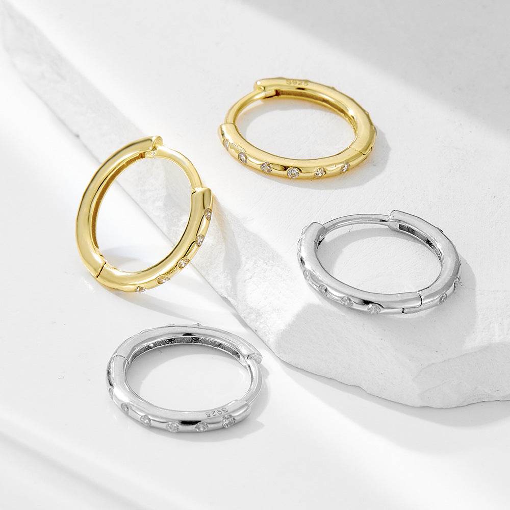 S925 pure silver diamond studded earrings with ear loops niche design fashionable simple personalized geometric circle earrings - MOWTE