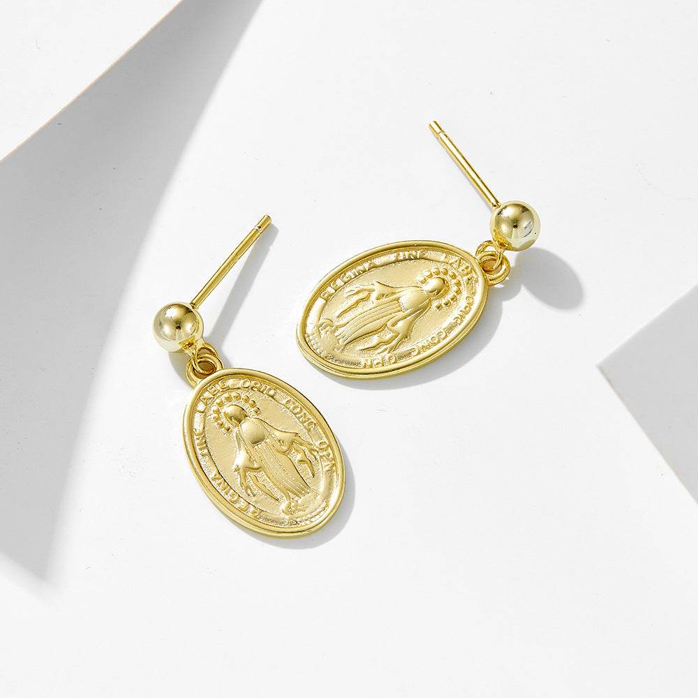 Vintage oval earrings featuring Virgin Mary relief portrait in pure silver - MOWTE