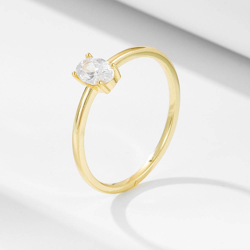 Personalized and minimalist single diamond pure silver ring for women with Instagram style geometric oval zirconia ring - MOWTE