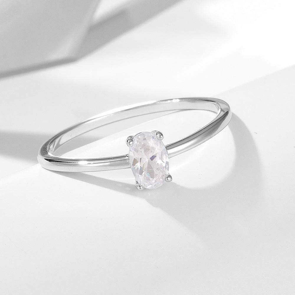 Personalized and minimalist single diamond pure silver ring for women with Instagram style geometric oval zirconia ring - MOWTE