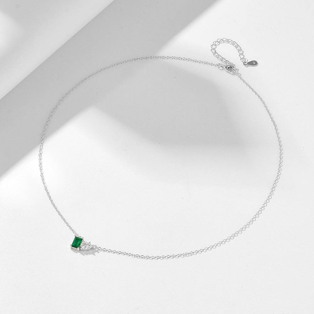 S925 pure silver inlaid with emerald rectangular water droplet zircon necklace, light luxury temperament, versatile collarbone chain - MOWTE