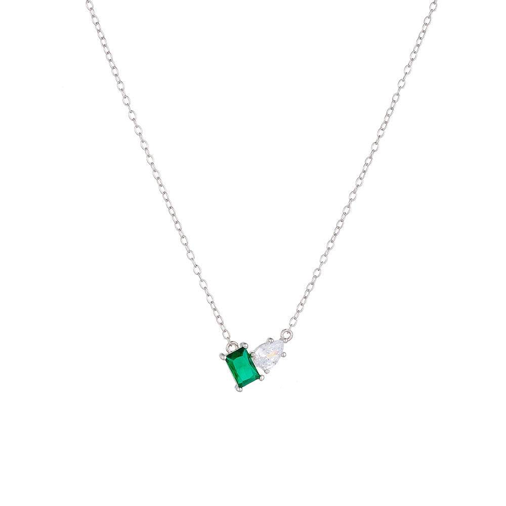 S925 pure silver inlaid with emerald rectangular water droplet zircon necklace, light luxury temperament, versatile collarbone chain - MOWTE