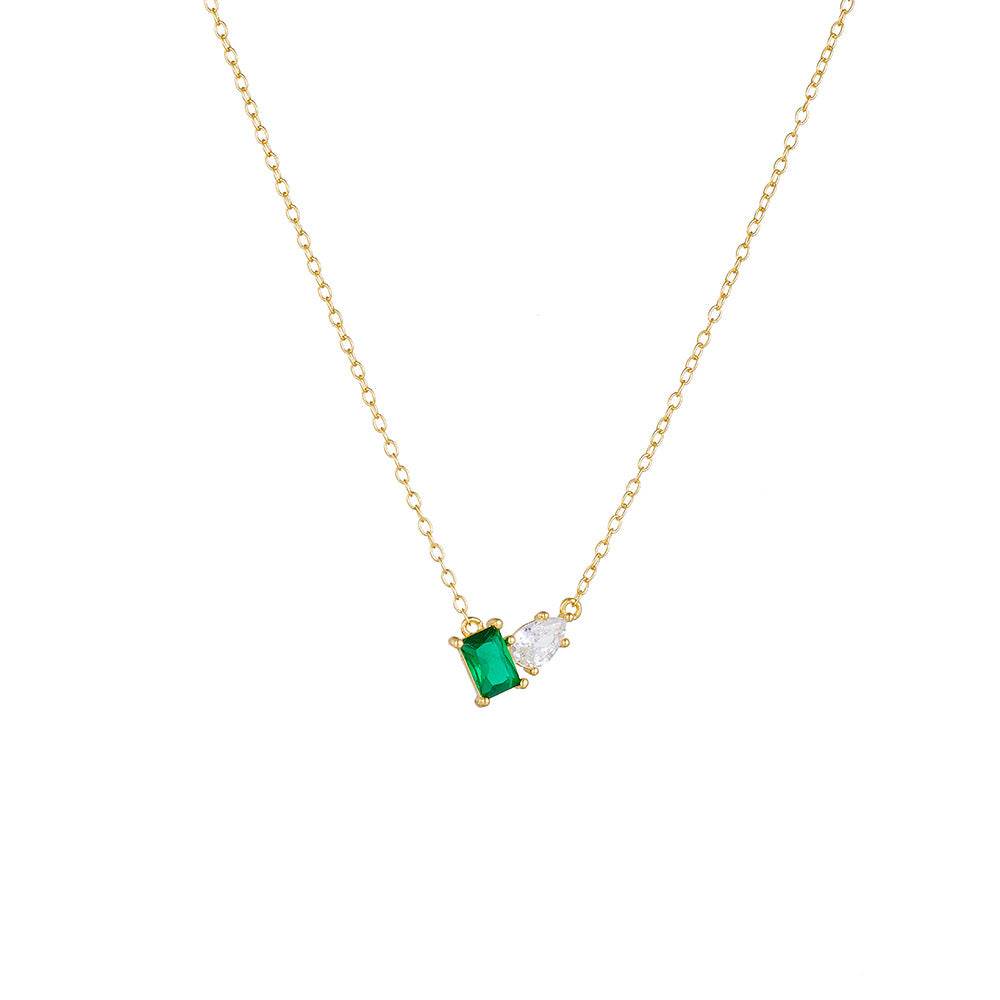 S925 pure silver inlaid with emerald rectangular water droplet zircon necklace, light luxury temperament, versatile collarbone chain - MOWTE