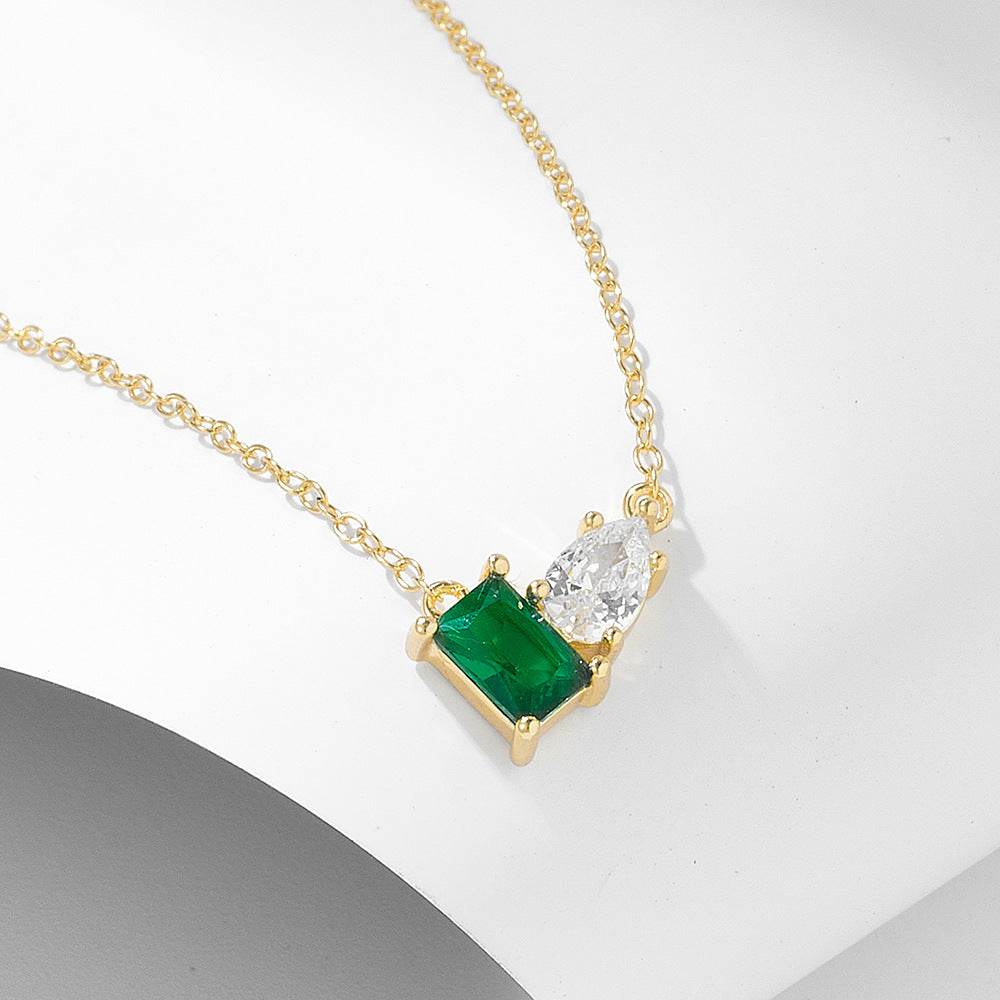 S925 pure silver inlaid with emerald rectangular water droplet zircon necklace, light luxury temperament, versatile collarbone chain - MOWTE