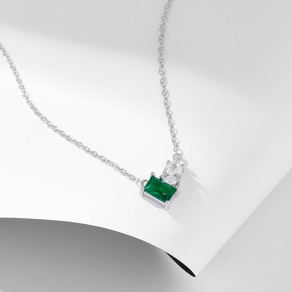 S925 pure silver inlaid with emerald rectangular water droplet zircon necklace, light luxury temperament, versatile collarbone chain - MOWTE