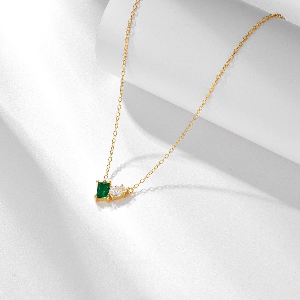 S925 pure silver inlaid with emerald rectangular water droplet zircon necklace, light luxury temperament, versatile collarbone chain - MOWTE