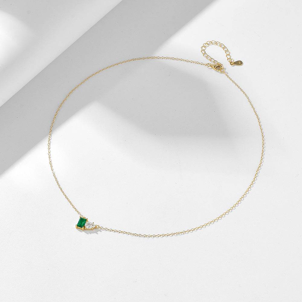 S925 pure silver inlaid with emerald rectangular water droplet zircon necklace, light luxury temperament, versatile collarbone chain - MOWTE