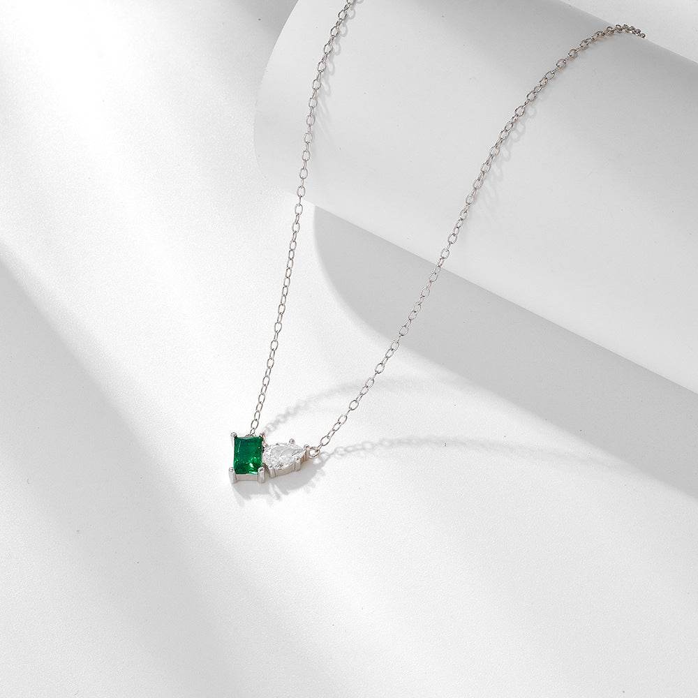 S925 pure silver inlaid with emerald rectangular water droplet zircon necklace, light luxury temperament, versatile collarbone chain - MOWTE