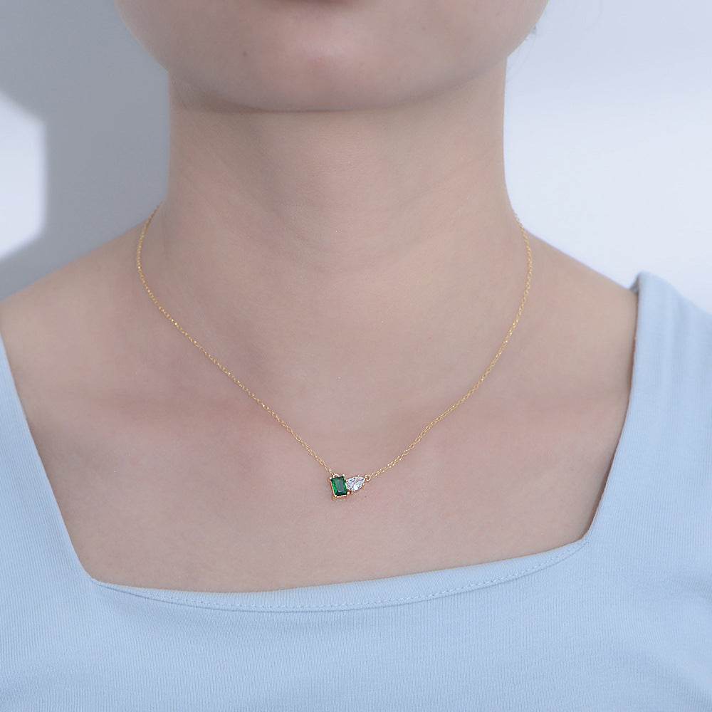 S925 pure silver inlaid with emerald rectangular water droplet zircon necklace, light luxury temperament, versatile collarbone chain - MOWTE