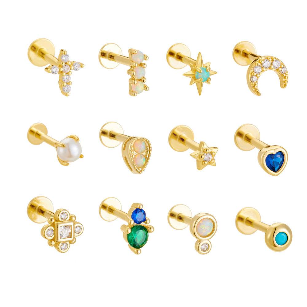 925 sterling silver geometric diamond inlaid Australian Treasure flat head threaded ear studs - MOWTE