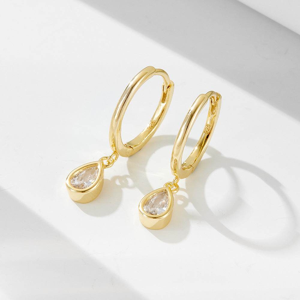 S925 pure silver water droplet shaped zircon earrings C-shaped ear buckle - MOWTE