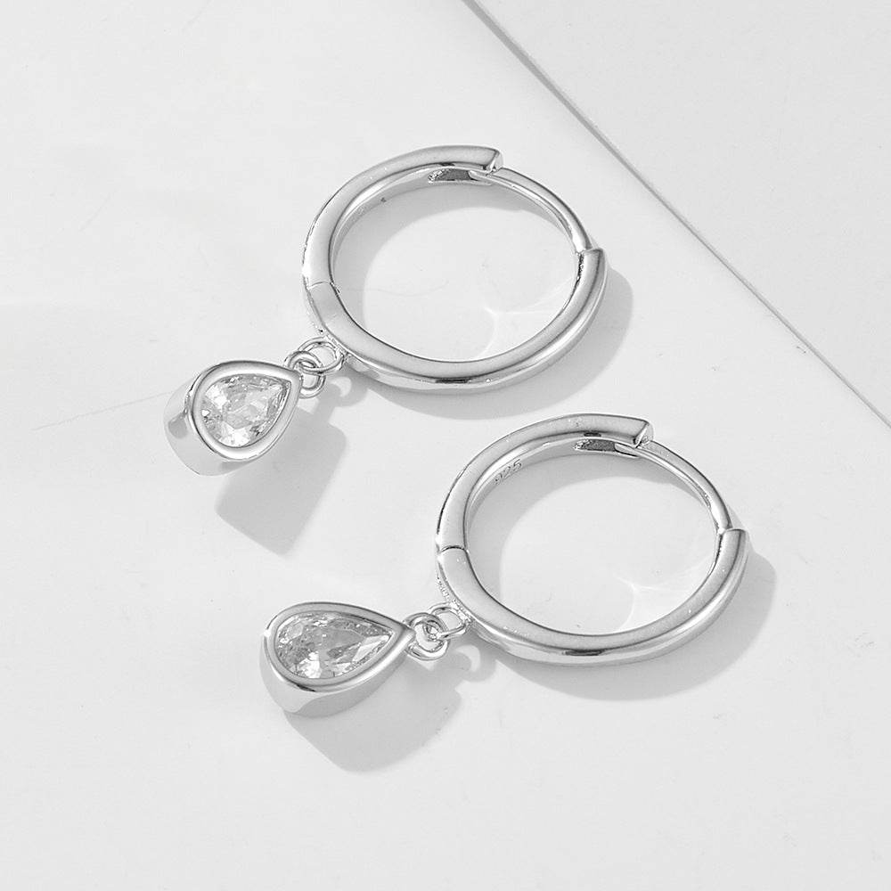 S925 pure silver water droplet shaped zircon earrings C-shaped ear buckle - MOWTE