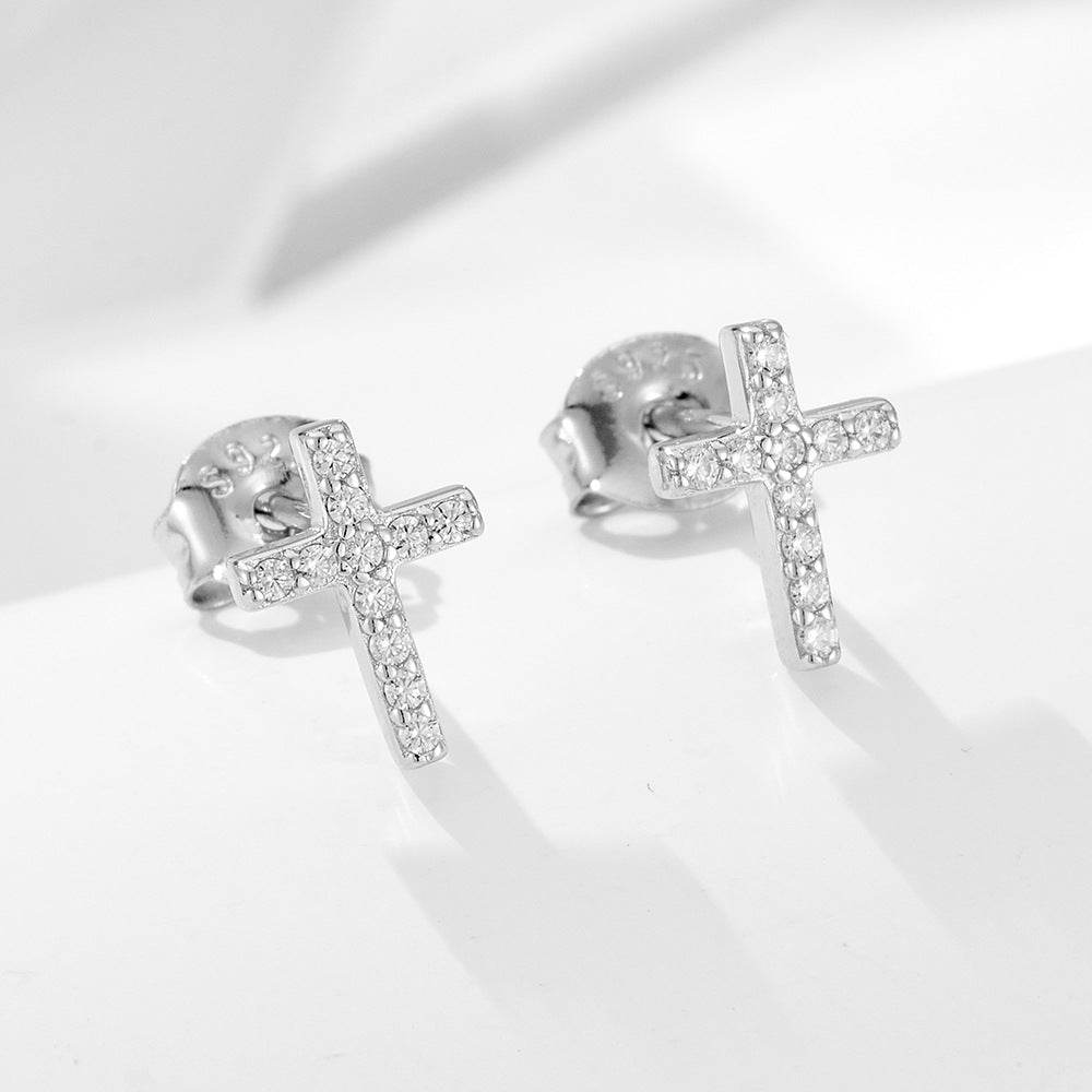 S925 pure silver exquisite and simple ins high-end feeling full diamond cross earrings - MOWTE