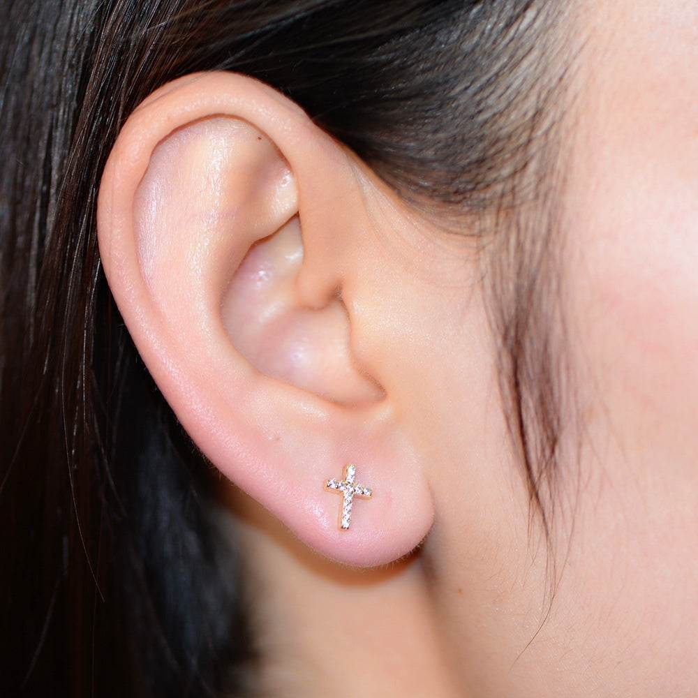 S925 pure silver exquisite and simple ins high-end feeling full diamond cross earrings - MOWTE