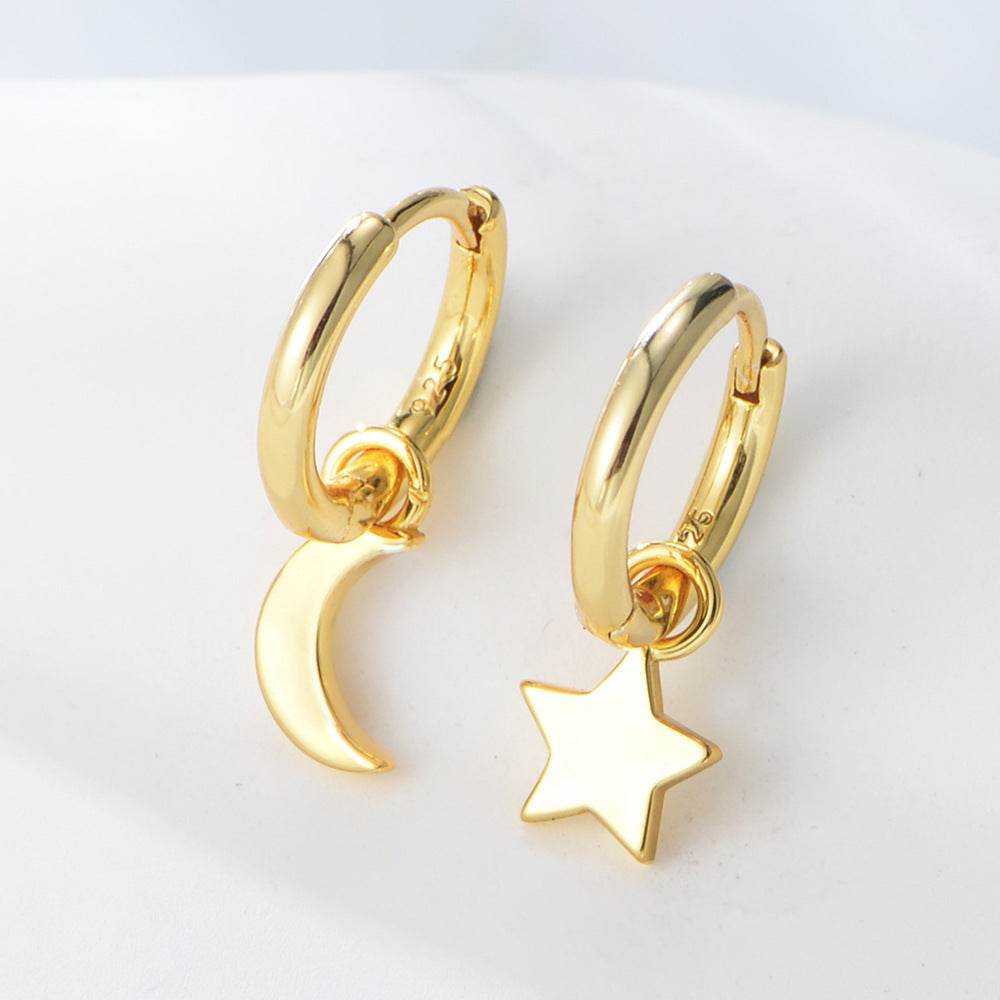 S925 Silver Star Moon Earrings Female Asymmetric Earrings - MOWTE