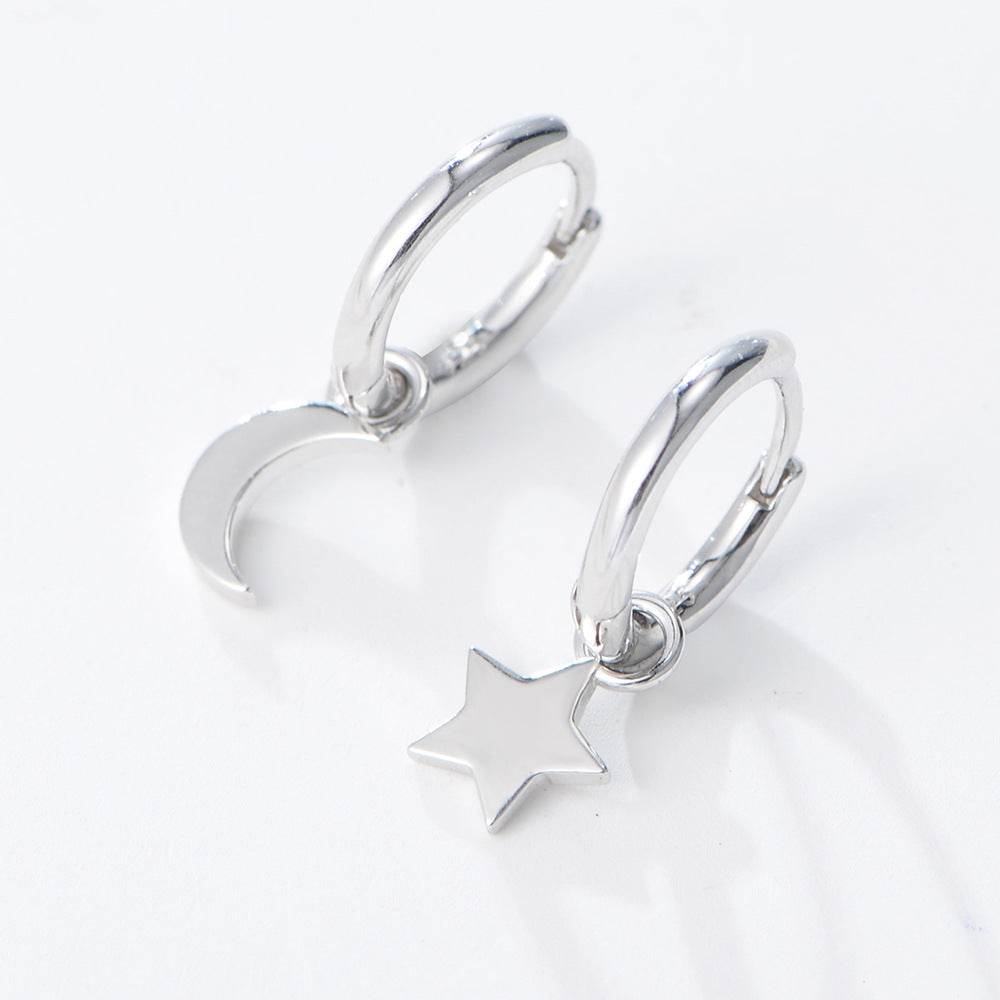 S925 Silver Star Moon Earrings Female Asymmetric Earrings - MOWTE