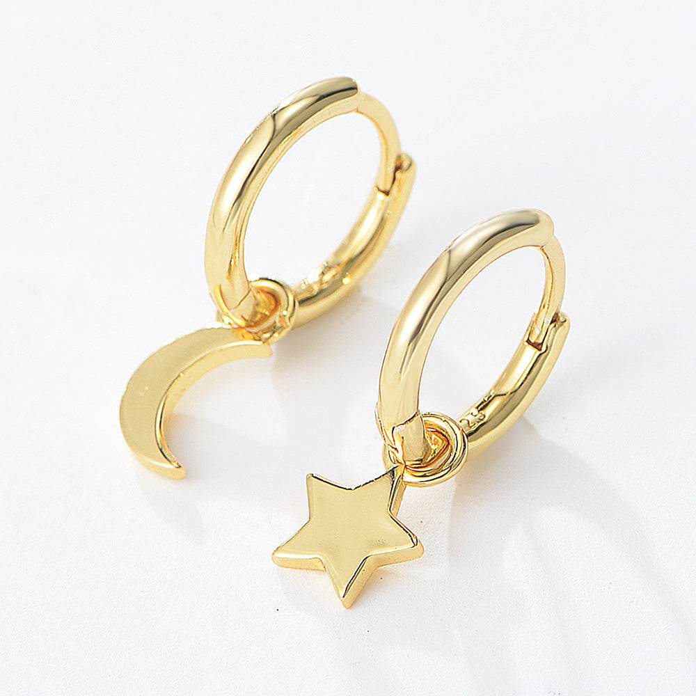 S925 Silver Star Moon Earrings Female Asymmetric Earrings - MOWTE