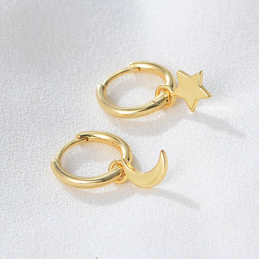 S925 Silver Star Moon Earrings Female Asymmetric Earrings - MOWTE