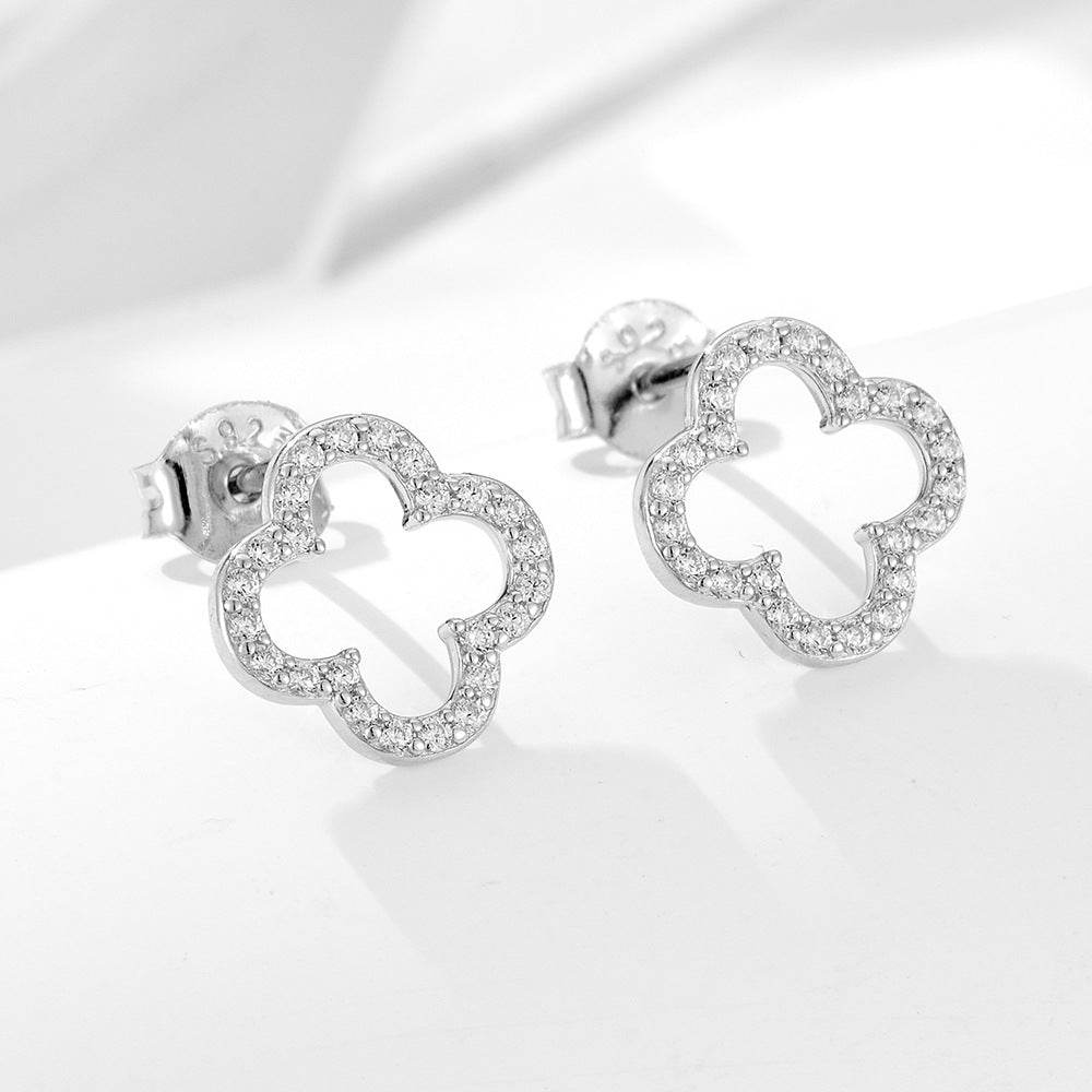 Clover earrings 925 sterling silver full diamond minimalist hollow earrings - MOWTE