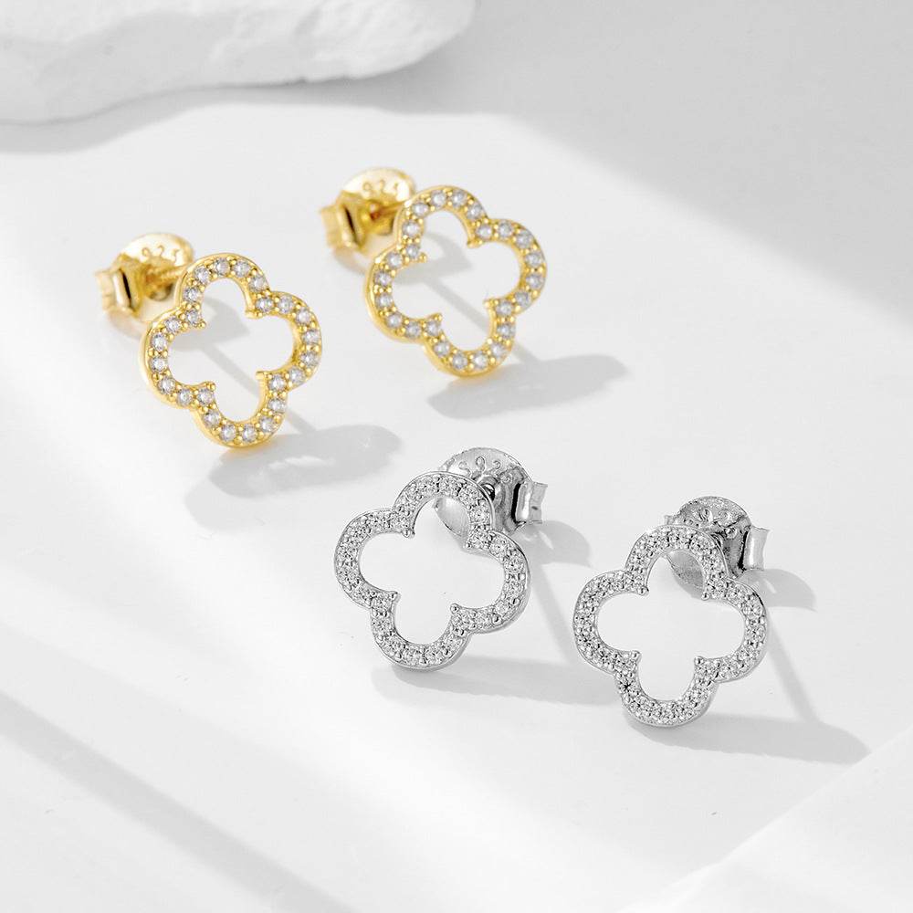 Clover earrings 925 sterling silver full diamond minimalist hollow earrings - MOWTE