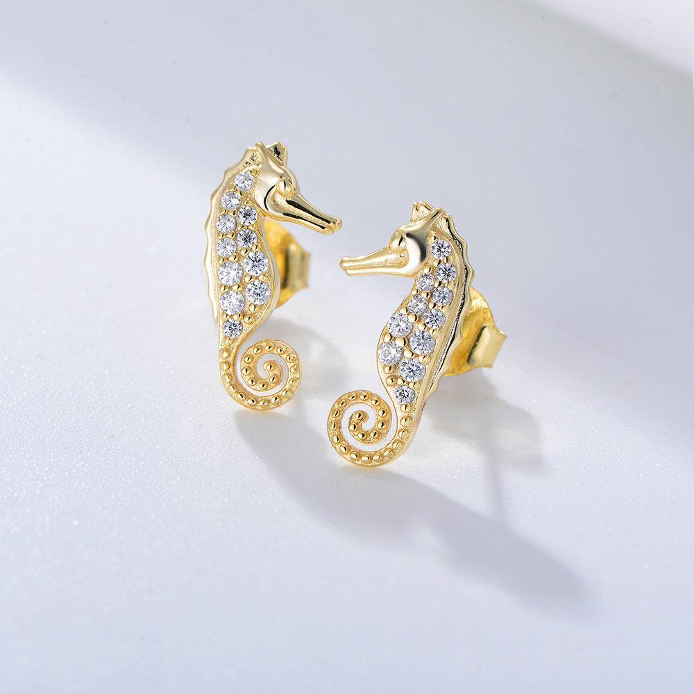 S925 pure silver micro inlaid zircon seahorse small animal earrings - MOWTE
